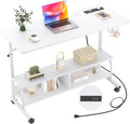 Armocity Rolling Standing Desk with Power Outlets, 47" Manual Height Adjustable Mobile Computer Desk with Wheels, Portable Sit Stand Laptop Couch Table for Bed & Sofa Home Office, Whtie