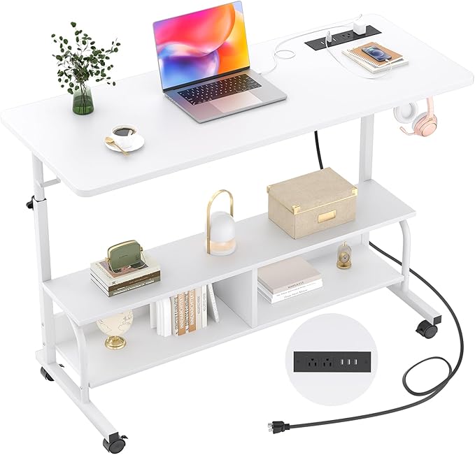 Armocity Rolling Standing Desk with Power Outlets, 47" Manual Height Adjustable Mobile Computer Desk with Wheels, Portable Sit Stand Laptop Couch Table for Bed & Sofa Home Office, Whtie