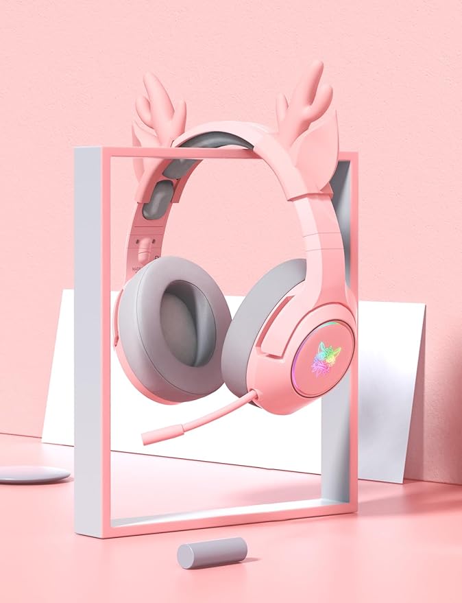Pink Deer Antler Ears for Headphones, Silicone Cute Ears Attachment, Lovely Detachable Accessories Fit for Gaming Headset, Lightweight & Durable