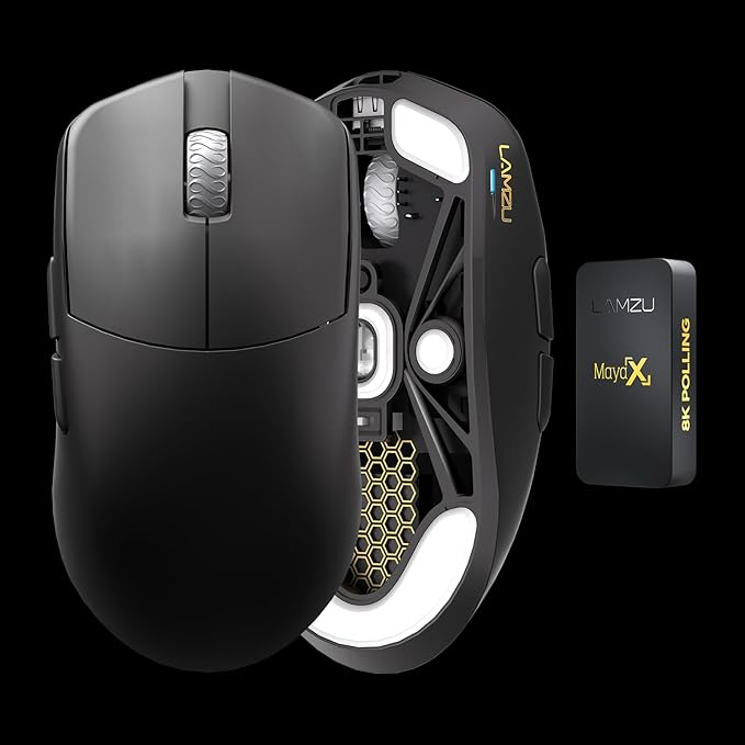 Lamzu Maya X Wireless Gaming Mouse, Ultra Lightweight 47g, Optical Switch, Maximum 30000 DPI, Symmetrical, MCU Nordic 52840, Dust-Proof Encoder, PAW3950 Sensor(Larger Maya) (Black)