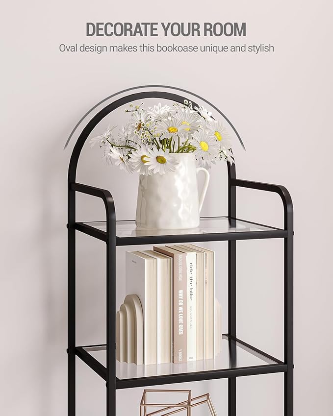 Hzuaneri Bookcase Bookshelf, Tempered Glass Bookshelves, Slim Shelving Unit for Bedroom, Bathroom, Home Office, Steel Frame, 5 Tier Black BC05001B