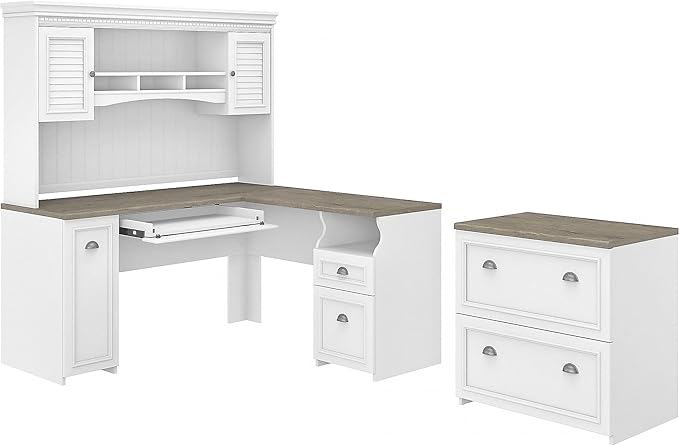 Bush Home Fairview 60W L Shaped Desk with Hutch and Lateral File Cabinet in Pure White and Shiplap Gray