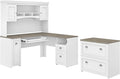 Bush Home Fairview 60W L Shaped Desk with Hutch and Lateral File Cabinet in Pure White and Shiplap Gray