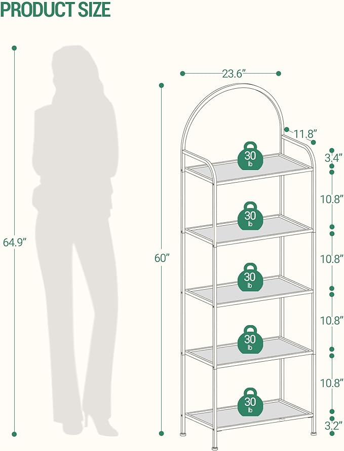 Hzuaneri Bookcase Bookshelf, Tempered Glass Bookshelves, Slim Shelving Unit for Bedroom, Bathroom, Home Office, Steel Frame, 5 Tier Gold BC21599G