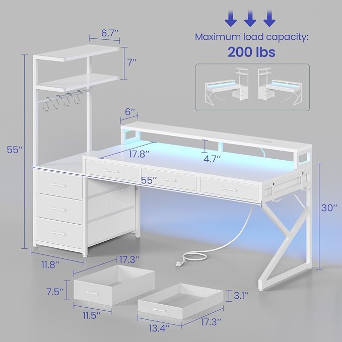 SEDETA 55" Gaming Desk with 6 Drawers, Corner Gaming Desk with Storage & LED Lights, Reversible PC Desk with Power Outlet, Corner Computer Desk with Hutch, Monitor Stand, Side Hook (White)