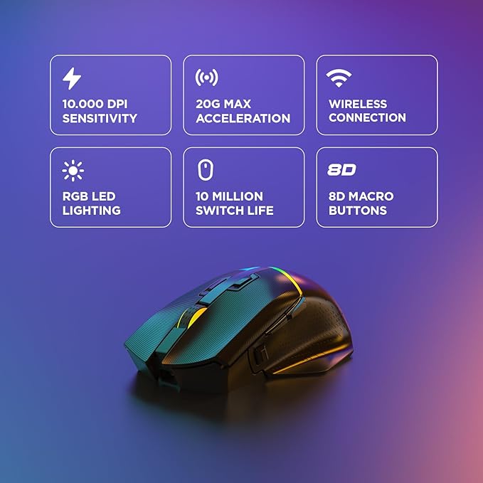 Rampage M3 Wireless Gaming Mouse. 10000 DPI, Tri Mode USB C, Bluetooth, 2.4GHz. 55 hr Battery Life RGB Mouse Designed for Mouse Gamers - Black.