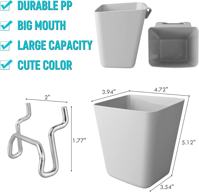 G.CORE Large Pegboard Cups Peg Board Storage Bin 6 Pack with Hooks, Square Box Shape Pegboard Cup Holder Accessories for Garage Workbench/Craft Room/Office/Playroom/Home Kitchen Organization (Grey)