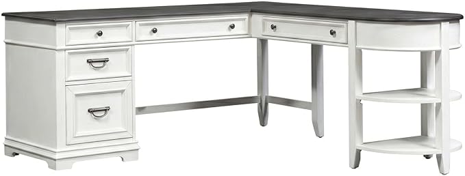 Liberty Furniture Allyson Park Opt L Shaped Desk Set with Locking File Drawer Cottage Home Office Storage - Wirebrushed White, Charcoal Tops Oak Wood