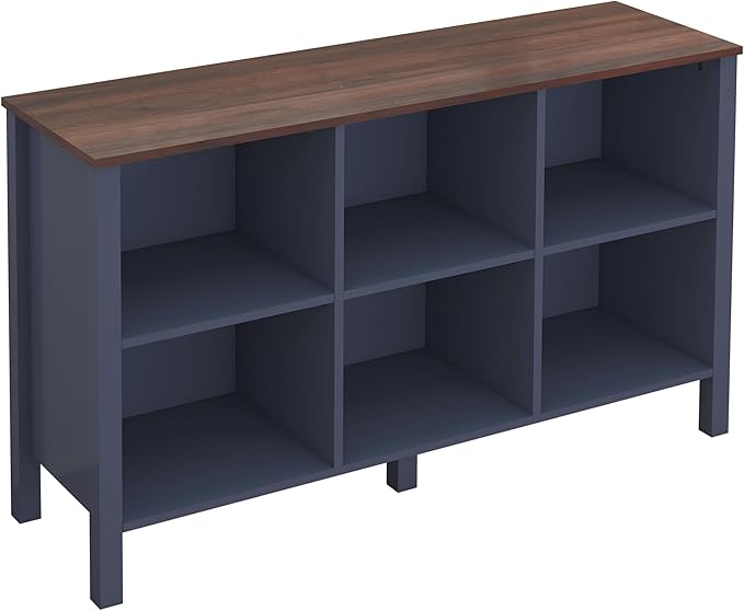 6-Cube Bookcase, Farmhouse Wooden Bookshelf Low Storage Organizer, 45" Horizontal Navy Blue Console with Legs, Hallway Book Case for Entryway, Display Cabinet for Living Room (Navy Blue, 6-Cube)