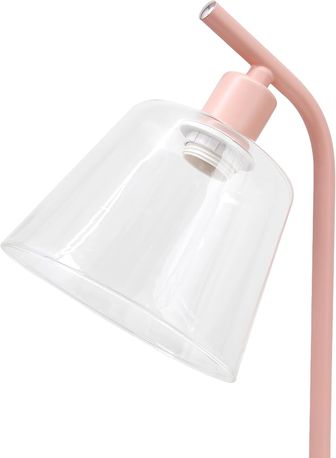 Simple Designs LD1074-BPK 15.75" Sleek Essentials Modern Industrial Netal Desk Lamp with Clear Glass Shade and Dual USB Ports, for Office, Desk, Nightstand, Dorm, Blush Pink