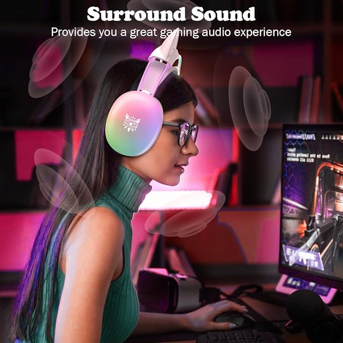 Cat Ear Gaming Headset with Mic, RGB Rainbow Lighting, Surround Sound, 3.5mm Wired Over-Ear Headphones for PC/Switch/Laptop, Lightweight and Adjustable Headband