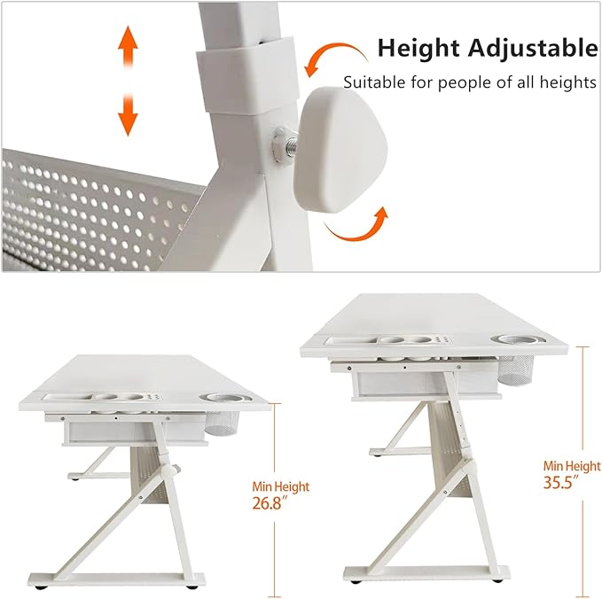 Drafting Table with Stool, Height Adjustable Drawing Table Art Table Painting Table Art Craft Desk with 0-75° Tilting Tabletop and Storage Drawers, All White