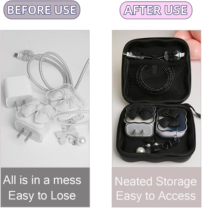 Charger Cover Storage Bag, Cute 3D Bow Tie Waves Design Charger Protector Travel Storage Case, Earphone Wire Saver Cable Cord Organizer Wireless Earphone Storage Box, Black Bow