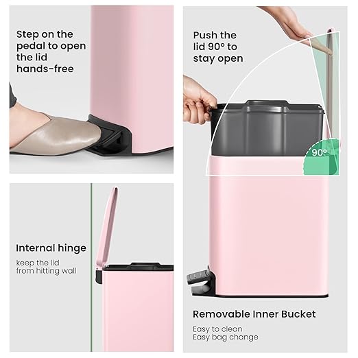 Cesun Slim Step-On Stainless Steel Desk Wastebasket – Pink (1.6 Gal)