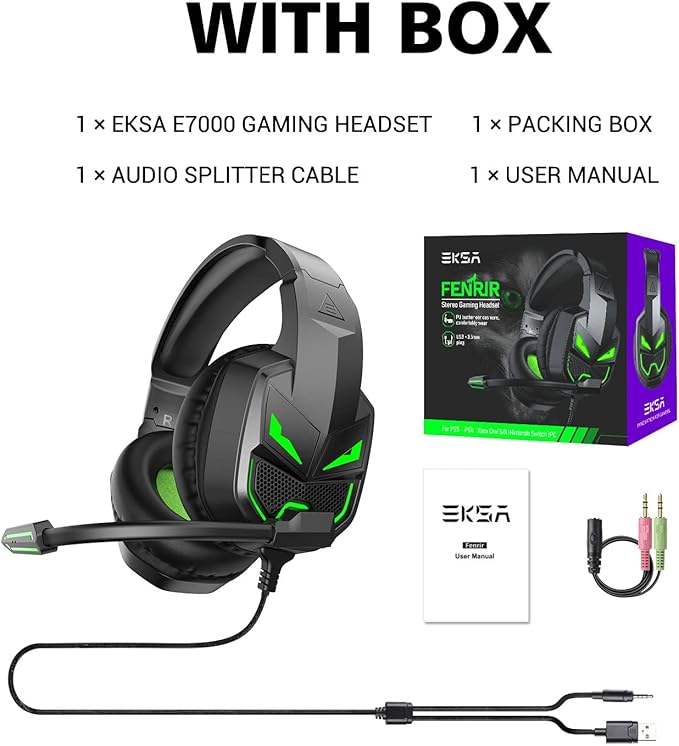 EKSA Fenrir S Gaming Headset with Microphone, Noise Cancelling Mic, Comfortable Ear Pads, 50 mm Drivers, RGB Light, One Key Control, Gaming Headphones for PC, Xbox, PS4, PS5, Switch, Controller