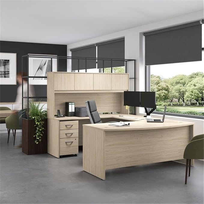 Bush Business Furniture Studio C 72W x 36D U Shaped Desk with Hutch and Mobile File Cabinet in Natural Elm, U Workstation Set for Home or Professional Office