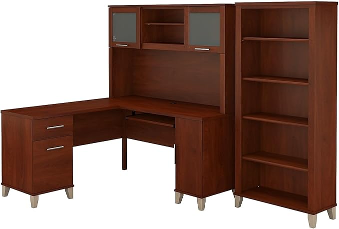 Bush Home Somerset 60W L Shaped Desk with Hutch and 5 Shelf Bookcase in Hansen Cherry
