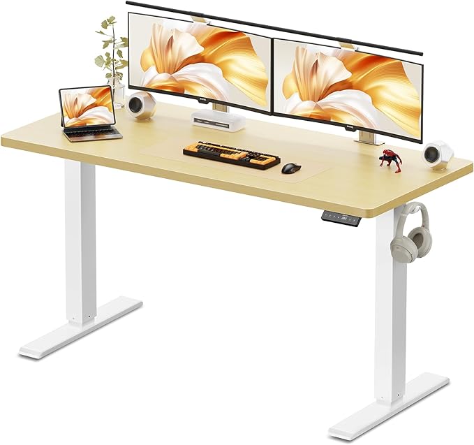 WALKINGDESK 55x24 Inches Height Adjustable Electric Standing Desk with 2 Hooks for Home Office, Ergonomic Sit Stand up Desk with Splice Board, Oak