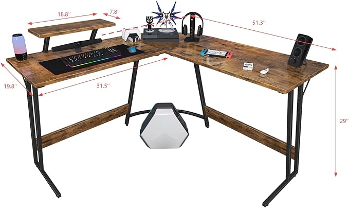 Homall L Shaped Gaming Desk Computer Corner Desk PC Gaming Desk Table with Large Monitor Riser Stand for Home Office Sturdy Writing Workstation (Classical Brown, 51 Inch)