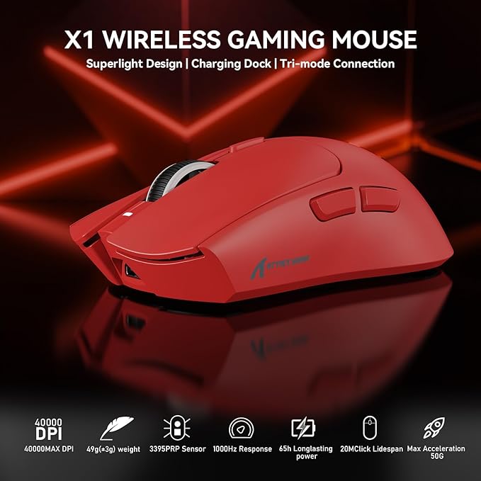 ATTACK SHARK X1 Wireless Gaming Mouse with RGB Charging Dock, PAW3395 PRO Sensor Up to 40K DPI,53g Ultra Light Tri-Mode Computer Mice,1KHz Polling Rate 5 Programmable Buttons for WIN/MAC-Red