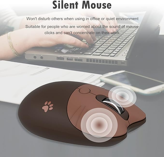 Lomiluskr Cute Cat Wireless Mouse, Lightweight Soundless Mice, 2.4G Wireless Mice, Candy Colors, Kawaii Mouse for Girls and Kids (Coffee)