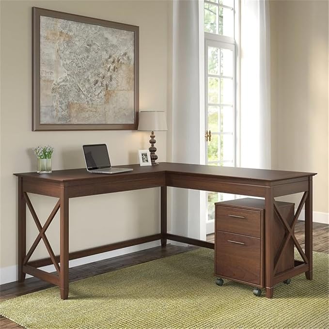 Bush Home Key West 60W L Shaped Desk with 2 Drawer Mobile File Cabinet in Bing Cherry