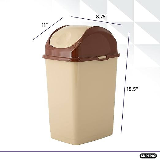 Superio Medium Trash Can with Lid 4.5 Gallon Plastic Swing Top Garbage Can Slim Waste Bin for Under Sink/Cabinet, Laundry Room, Kitchen, Office, Bedroom, Bathroom, College Dorm, 18 Qt, Beige