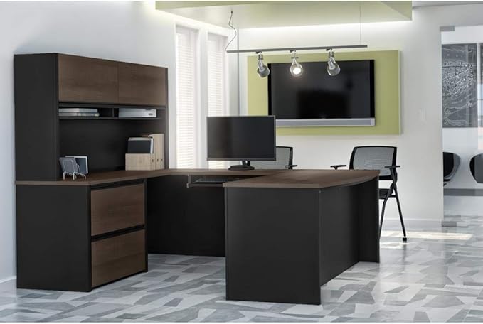 Bestar Connexion 72W U-Shaped Executive Desk with Lateral File Cabinet and Hutch in Antigua & Black