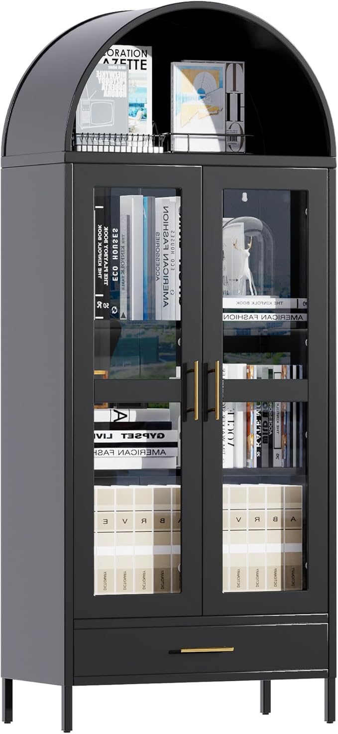 VEXPOR 73" Tall Arched Display Cabinet with Glass Doors, Metal Arched Curio Cabinet with Drawer for Living Room, Home Office, Assembly Required, Black
