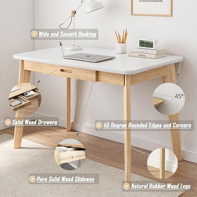 IOTXY Solid Wood Writing Desk - Home Office Workbench Desk with Drawer, 31.5" Width Laptop Computer Work Study Table in White