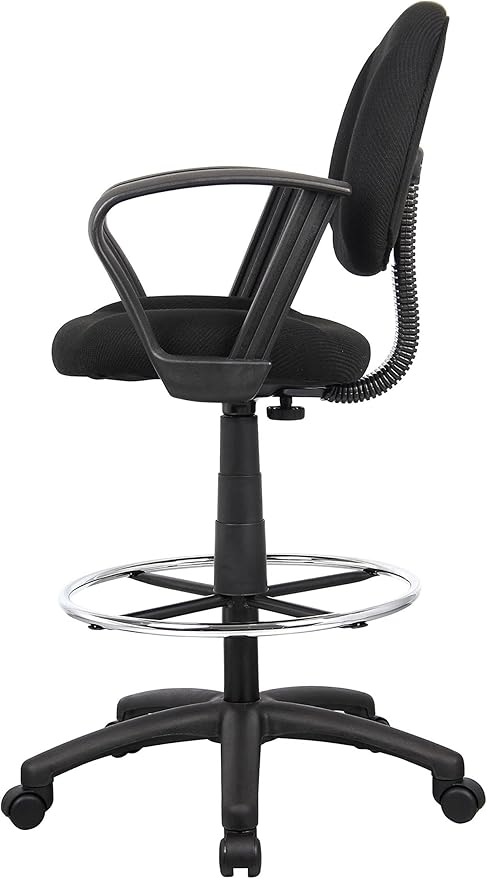 BOWERY HILL Contoured Comfort Drafting Stool, Adjustable Height 26.5"-31.5", Black Tweed Upholstery, Loop Arms, Chrome Footrest, Nylon Base with Casters, Ergonomic Office Chair for Drafting or Studio
