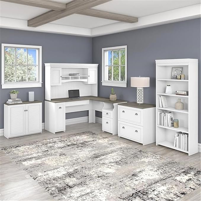 Pemberly Row Engineered Wood L Shaped Desk 5 Pc Office Set, Pure White & Shiplap Gray Finish, Includes Desk, Hutch, Bookcase, File Cabinet, Storage Cabinet, Modern Farmhouse Style Home Office