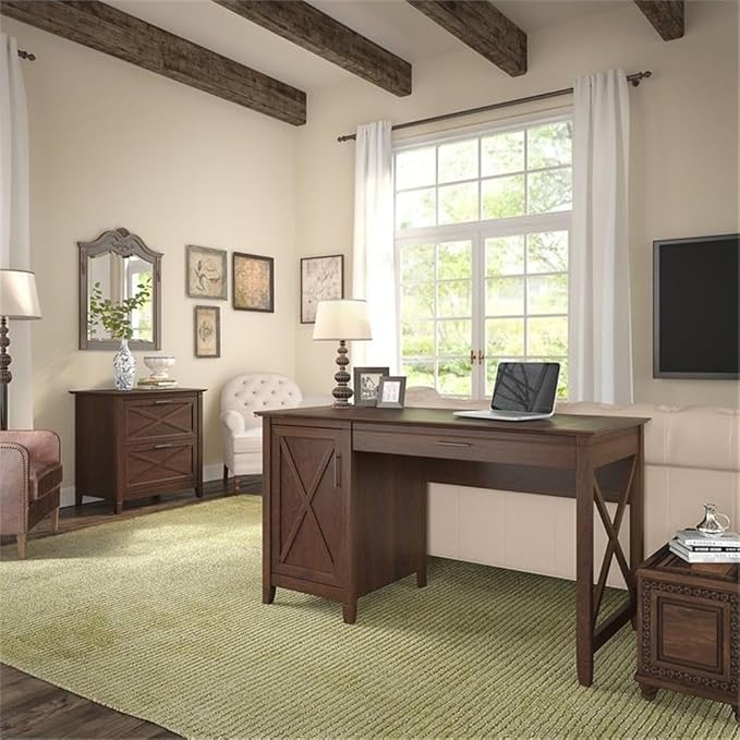 Pemberly Row Computer Desk with Lateral File Cabinet, Cherry Finish, Engineered Wood, 54W x 24D Desktop, Adjustable Shelf, Ball Bearing Slides, Farmhouse Style Home Office or Living Room Furniture