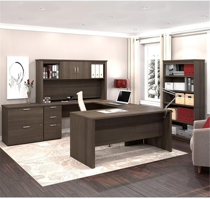 Pemberly Row 66" U-Shaped Desk with Hutch, Bookcase, and File Cabinet, Antigua Finish, Laminated Particle Board, Reversible Office Set for Large Workspace and Storage Solutions