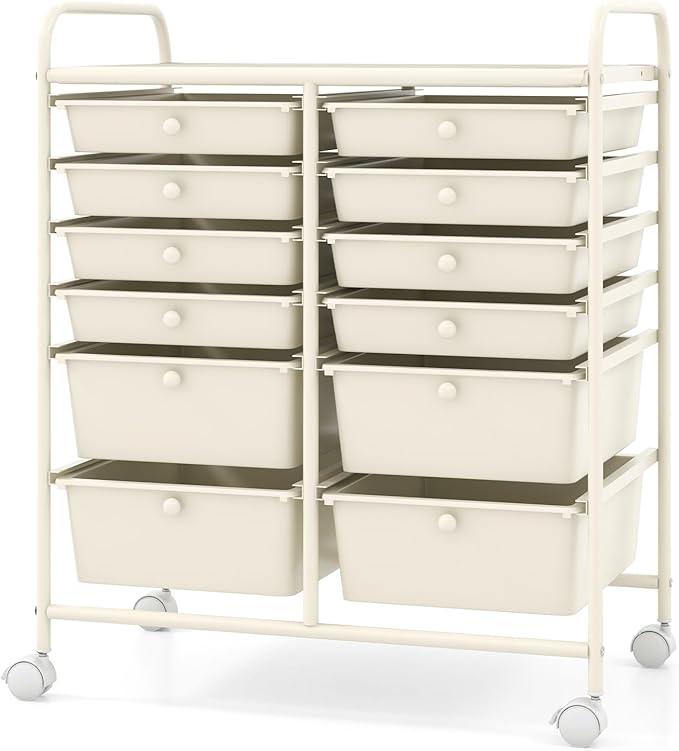 Moccha 12-Drawer Rolling Storage Cart - Utility Cart on Wheels with Lockable Casters for Craft Art Supply Paper Salon, Mobile Drawer Carts for Classroom Teacher School Office (White)