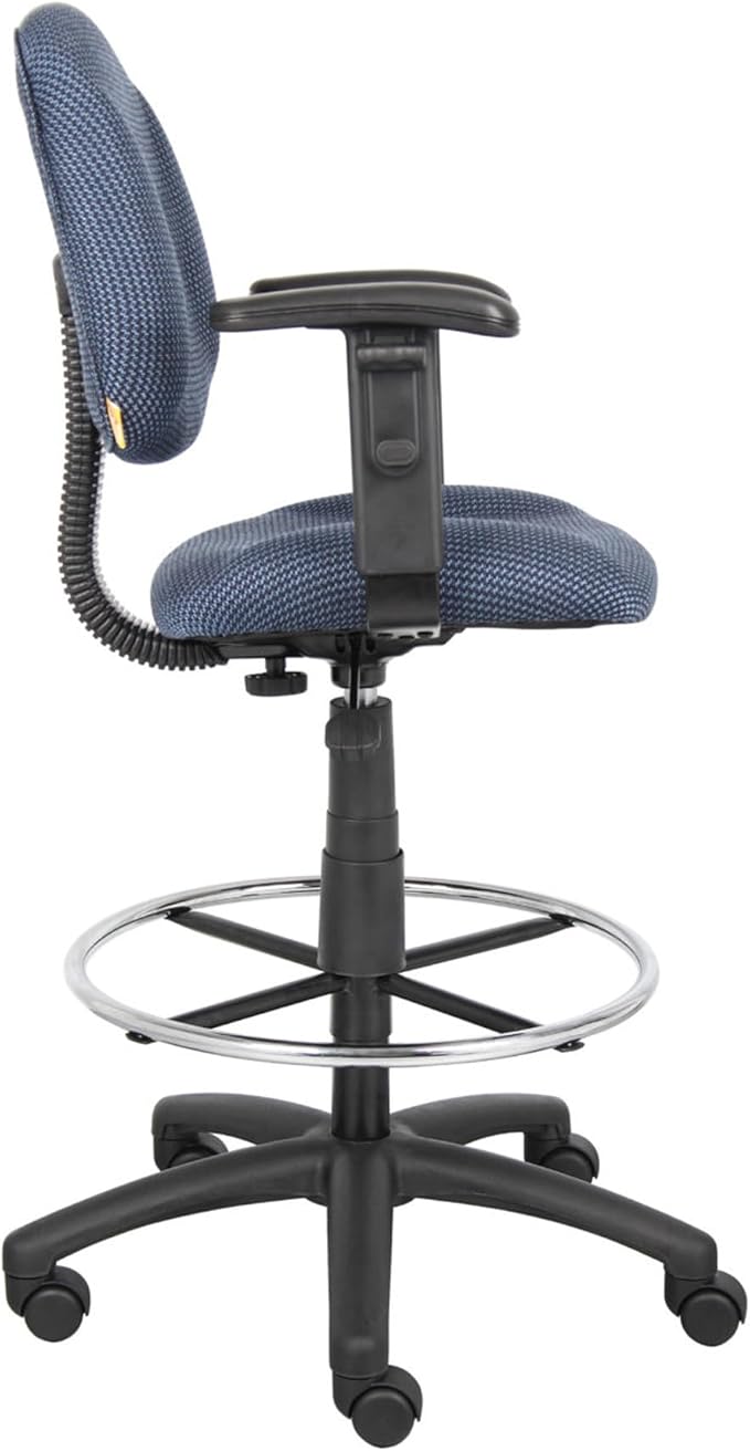 Benzara Jea Drafting Stool Chair, Adjustable Arms, Blue Tweed, Round Footring