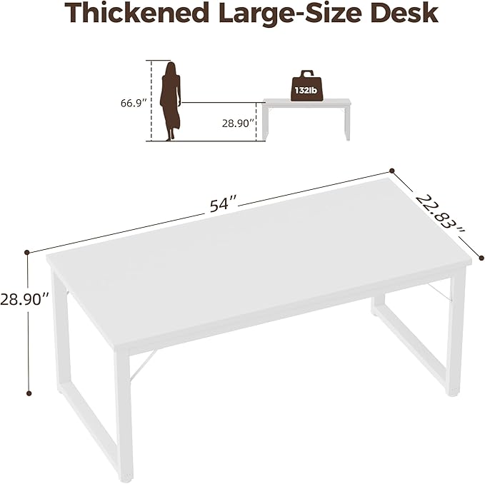 Mericonia 54 Inch Computer Desk, 1" Thick Heavy Duty Industrial Office Desk, Modern Simple Study Writing Table for Home Office Bedroom Workstation, White