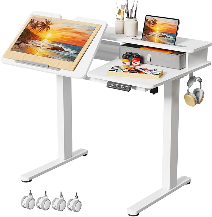 White Standing Desk，60° Tiltable Height Adjustable Electric Rising Desk，40Inch Foldable Mobile Laptop Table with Shelf,Monitor Stand, Drawer ,Flippable Drafting Workstation on Wheels for Kids’ Drawing