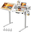 White Standing Desk，60° Tiltable Height Adjustable Electric Rising Desk，40Inch Foldable Mobile Laptop Table with Shelf,Monitor Stand, Drawer ,Flippable Drafting Workstation on Wheels for Kids’ Drawing