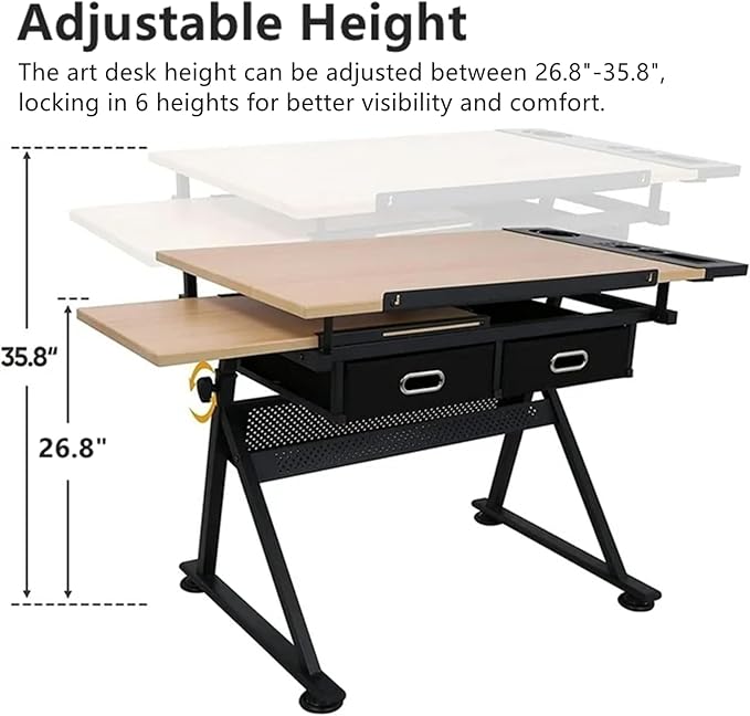 Drafting Table, Height Adjustable Drawing Table Art Table with Stool, 0-75° Tilted Tabletop Artist Desk Painting Table with Storage for Home Office School, Type 4-Brown