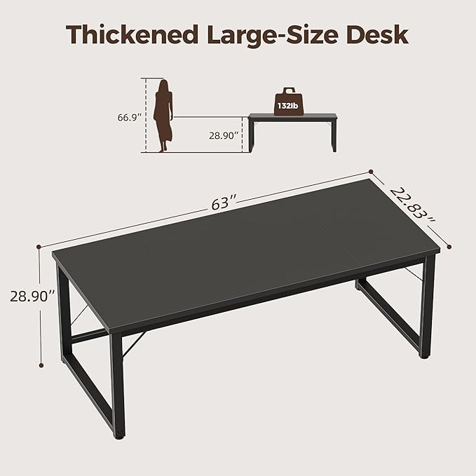 Mericonia 63 Inch Large Computer Desk, 1" Thick Heavy Duty Industrial Office Desk, Modern Simple Study Writing Table for Home Office Bedroom Workstation, Black