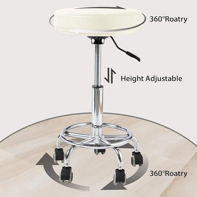 Adjustable Rolling Stool with Wheels Heavy Duty 500lb Round RollingStool with Footrest, Patent Leather Drafting Stool Chair with Wheels Work Spa Salon Seat,White