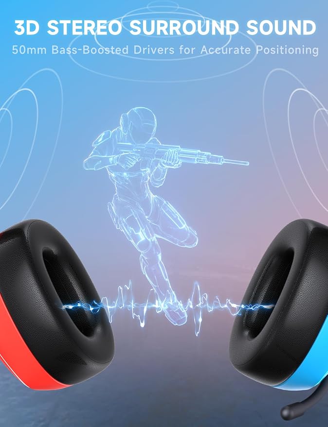 Gvyugke 2.4GHz Wireless Gaming Headset for Switch/Lite/OLED - Bluetooth 5.3 Gaming Headphones with 7.1 Surround Sound for Fortnite, 50mm Speakers, 70H Battery, Blue Lighting - BlueRed