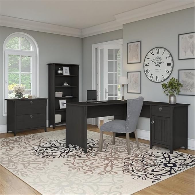 Pemberly Row 3 Pc L Shaped Desk Set with Storage, Engineered Wood, Vintage Black Finish, Includes Desk, Bookcase & File Cabinet, Space-Saving Office Furniture for Home or Apartment Use