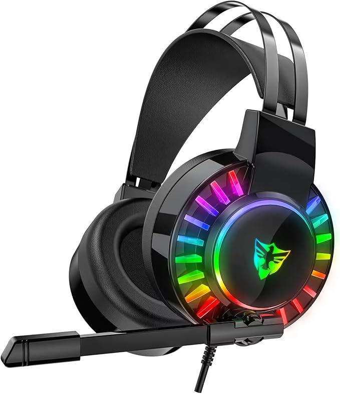 Wired Gaming Headset for PS4 PC Xbox One PS5 Controller, Noise Cancelling Over Ear Headphones with Mic, 7 Color LED Light, 7.1 Surround Sound, Soft Memory Earmuffs for Nintendo Xbox Series(Black)