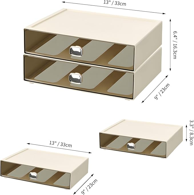 Spacious Desktop Storage Box, 2 Large Storage Drawers, Stackable Office Desk Drawer Organizer and Accessories, Printer Paper Organizer, Cream Plastic Drawers for Workspace