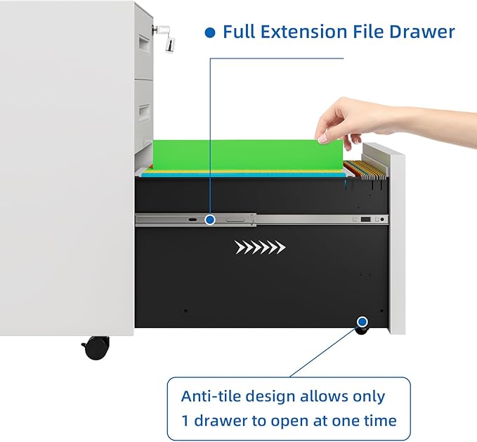 Dripex 3 Drawer White File Cabinet, Mobile Under Desk Storage File Cabinet with Lock on Wheels, Fully Assembled, Letter/Legal Size, Small Short Vertical Metal Rolling Filing Cabinets for Home Office
