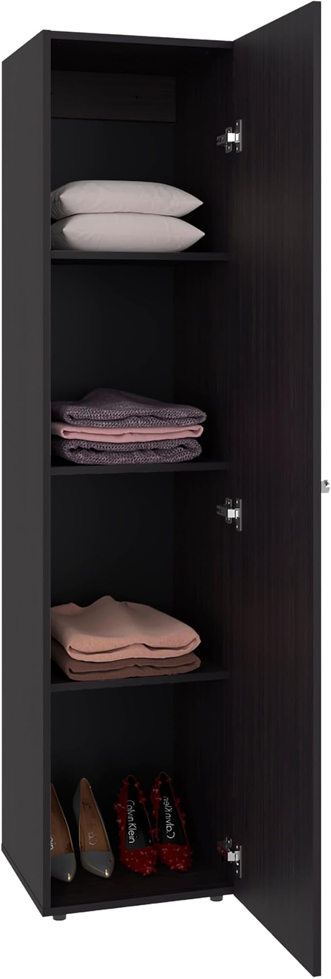 Wenge Storage Cabinet with Mirror Full-length mirror on the door enables quick outfit checks and adds functionality for daily grooming right beside stored clothing and accessories Smooth-opening doo