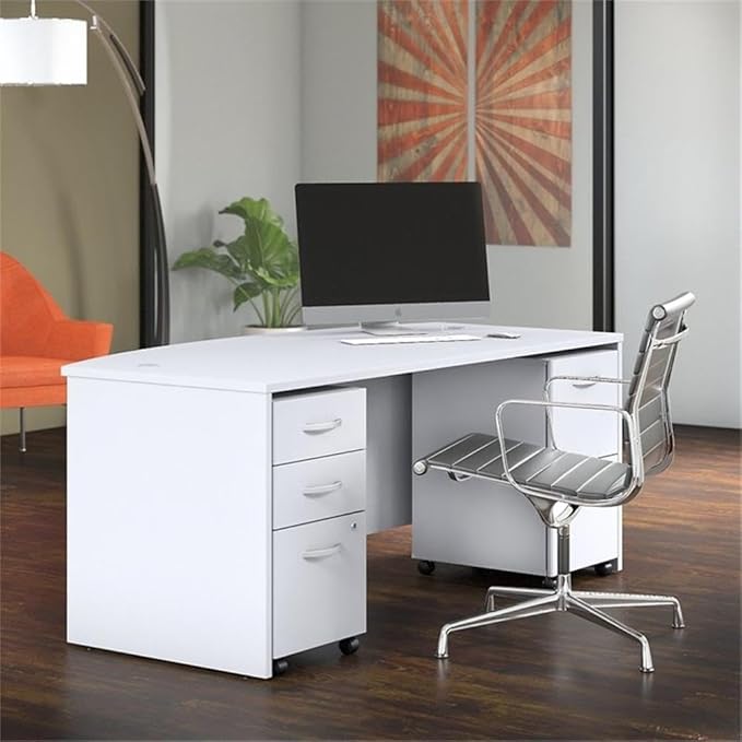 Bush Business Furniture Studio C 72W x 36D Bow Front Desk with Mobile File Cabinets in White