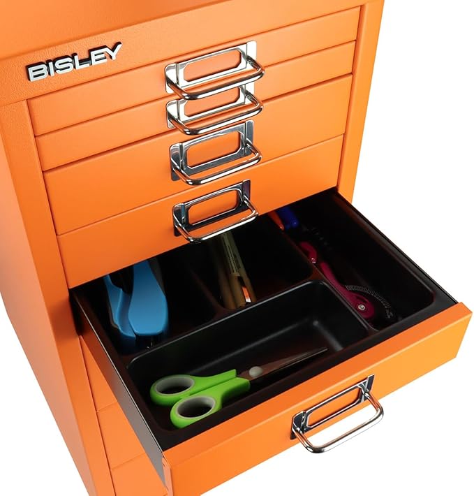 8-Drawer Steel MultiDrawer Cabinet - Bisley Orange, Chrome Pull Handles with Label Holders, Powder-Coated Steel, Removable Drawers, Fits Under Most Desks, Labels Included by Bisley